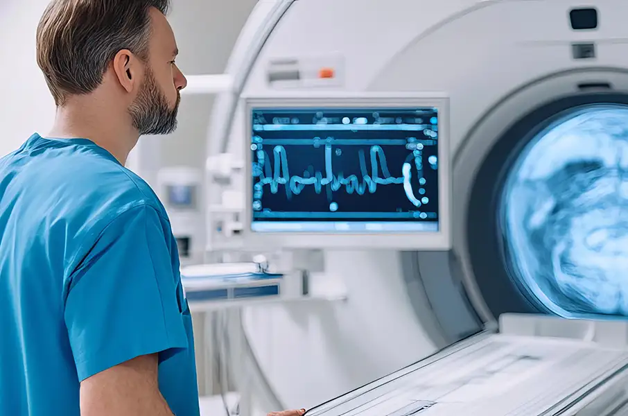 AdobeStock_1101539556 copy Technologist calibrating a dual-energy CT scanner for enhanced imaging