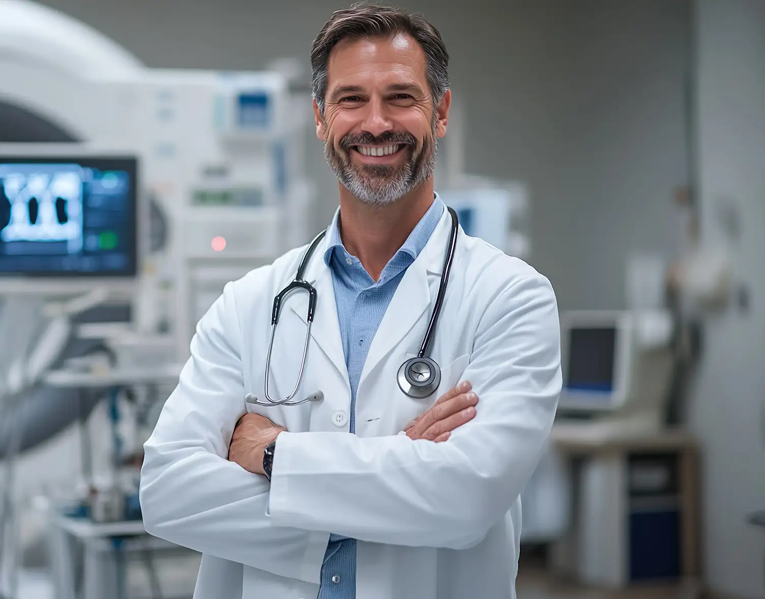 AdobeStock_906284209 copy Portrait of a smiling male doctor standing confidently in high-tech hospital